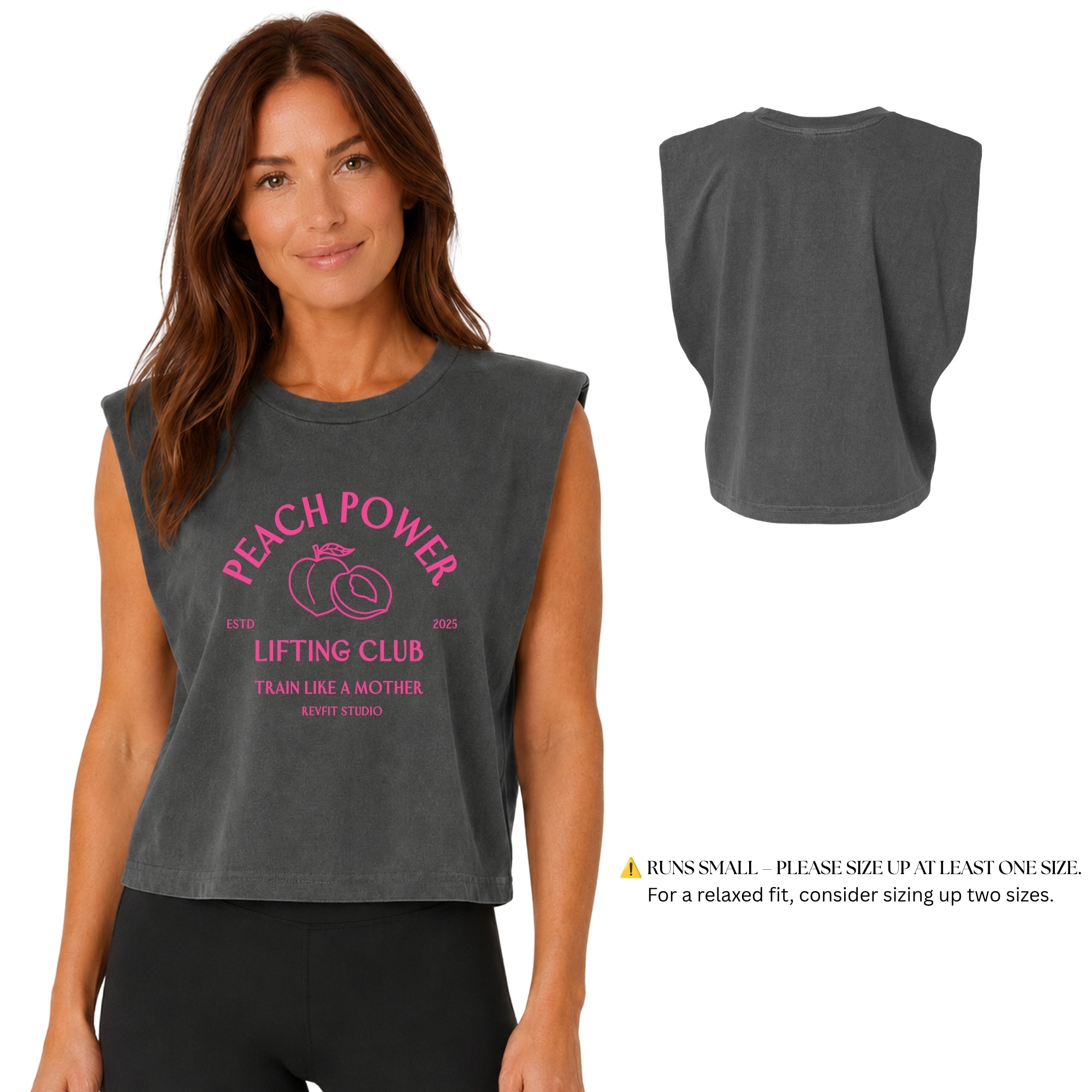 Peach Power Lifting Club Cropped Muscle Tank in Faded Black - RevFit Summer Merch