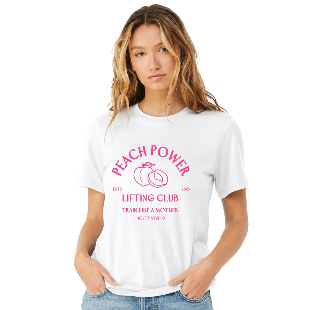 Peach Power Lifting Club Tee in White - RevFit Summer Merch