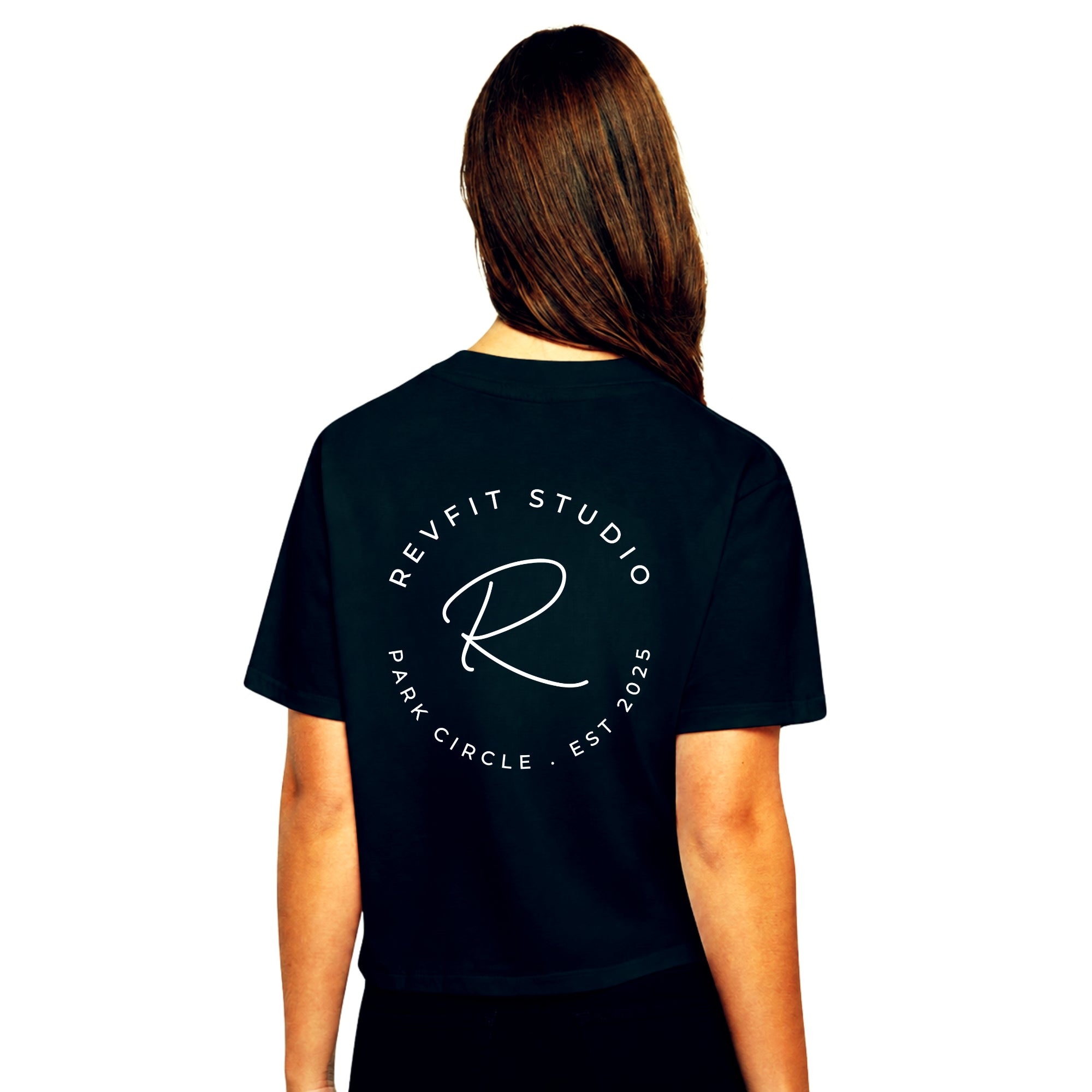 RevFit Studio Back Logo Cropped Tee in Black with RevFit Circle design - RevFit Summer Merch