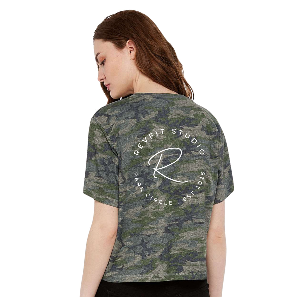 RevFit Studio Back Logo Cropped Tee in Camo with RevFit Circle design - RevFit Summer Merch