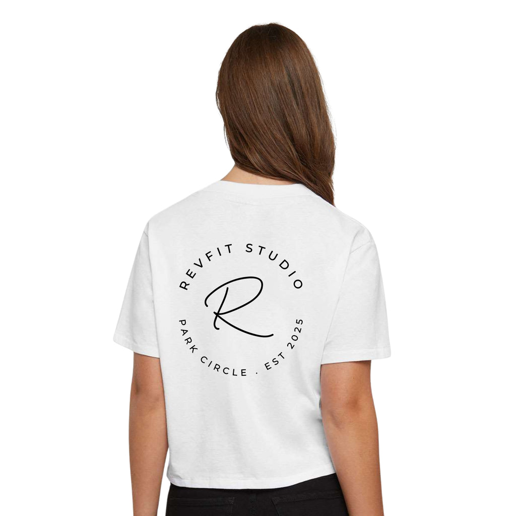 RevFit Studio Back Logo Cropped Tee in White with RevFit Circle design - RevFit Summer Merch